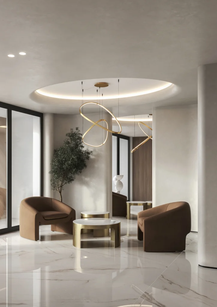 Interior design of the Lotus lobby left view with elliptical ceiling, marble floor and central leather seating