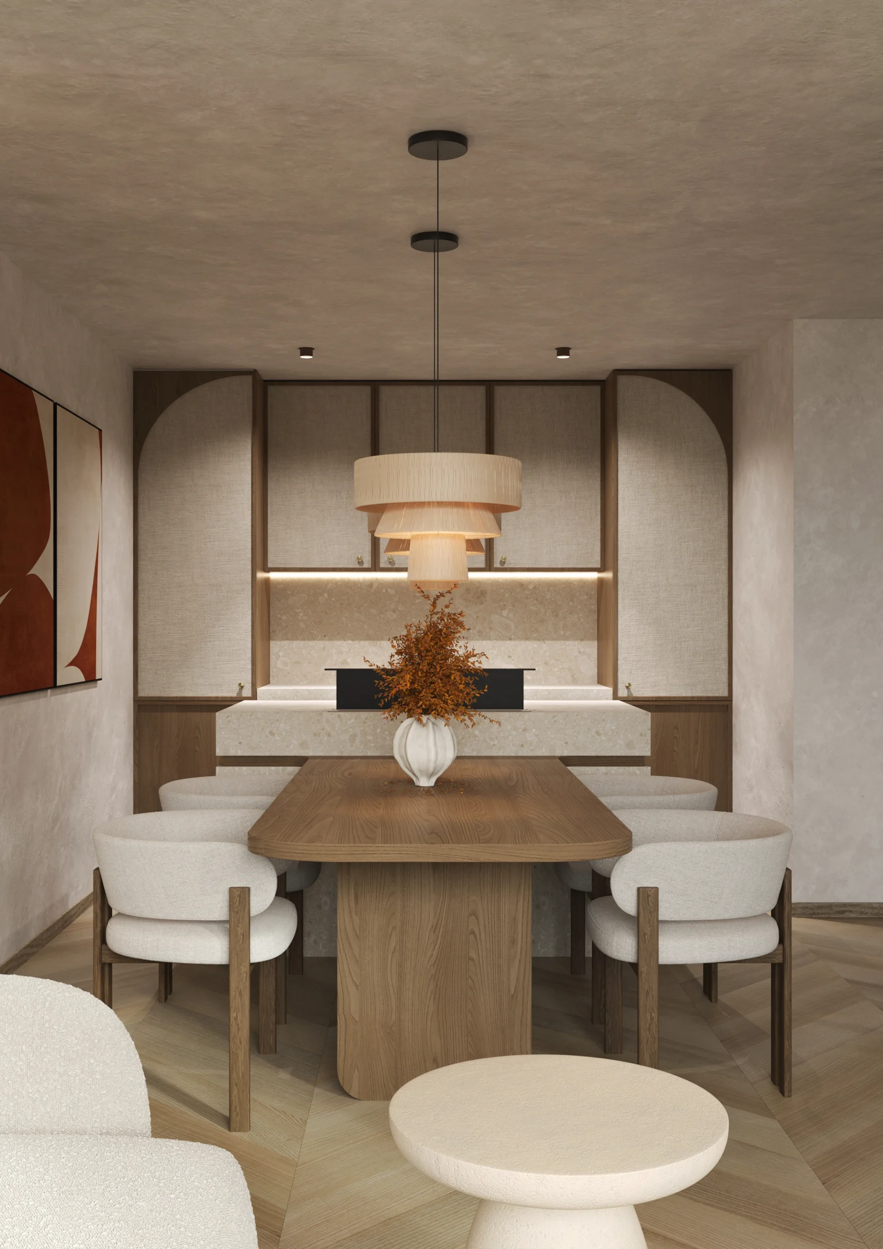 Wabi-sabi interior design kitchen with Ceppo di Gre countertop, fabric-textured cabinets and dark oak decor.