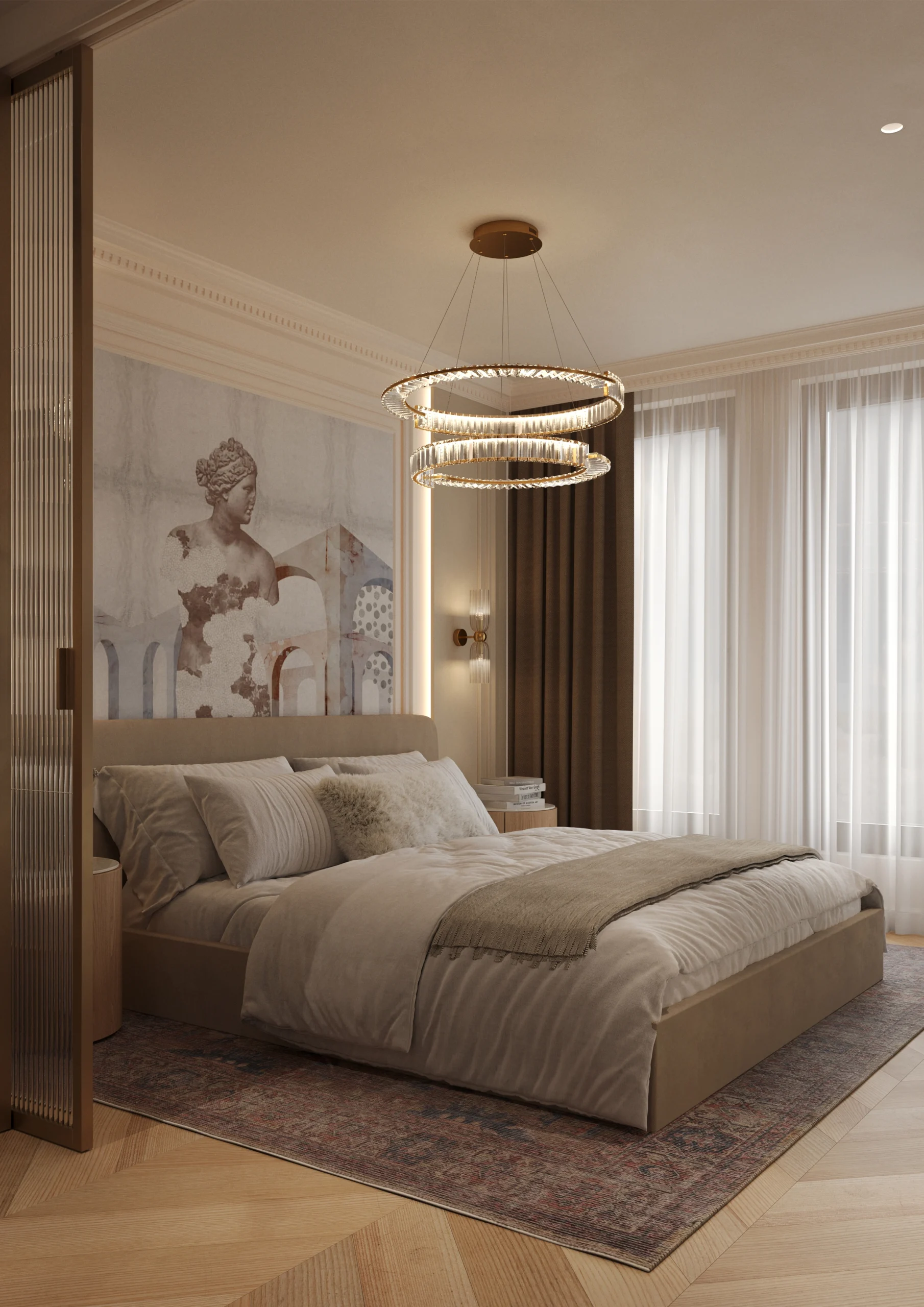 Luxury interior design of a master bedroom with decorative mouldings, textured glass, idea murale wallpaper, and brass accents.