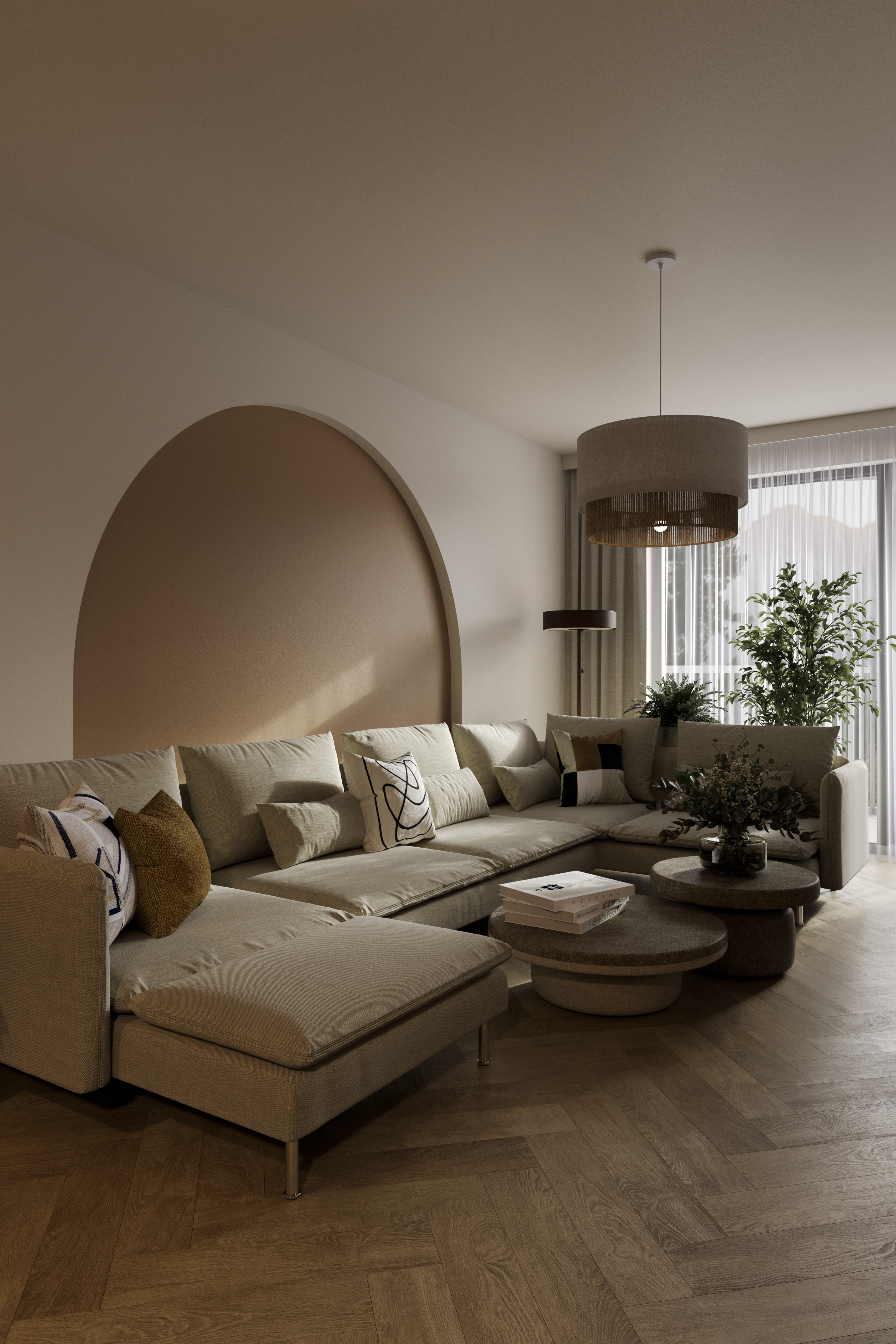 North-facing contemporary living room with beige sectional sofa, orange arc wall, classic lamps, plants and vases.