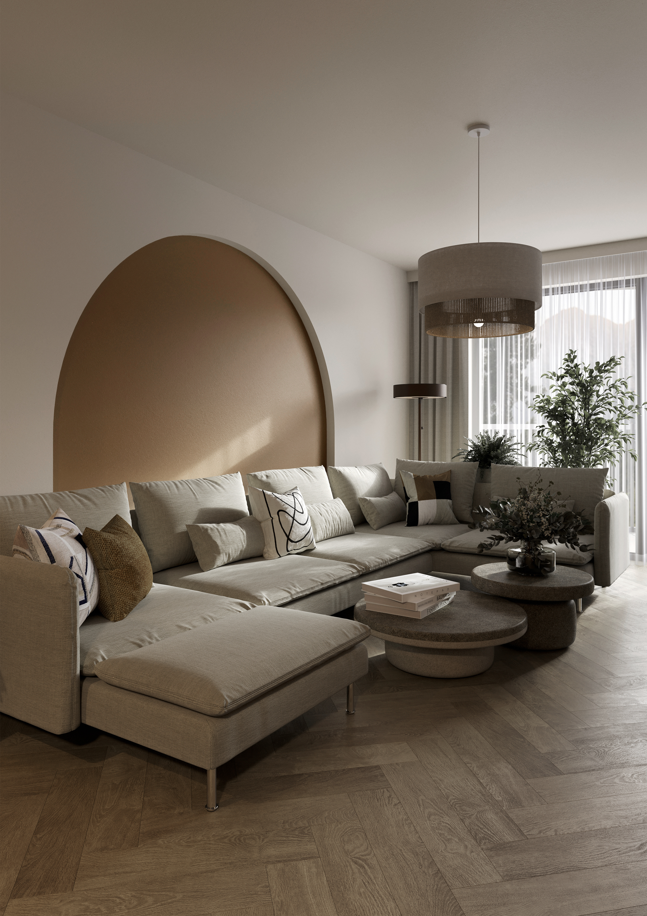 Interior design of north-facing contemporary living room with beige sectional sofa, orange arc wall, classic lamps, plants and vases.