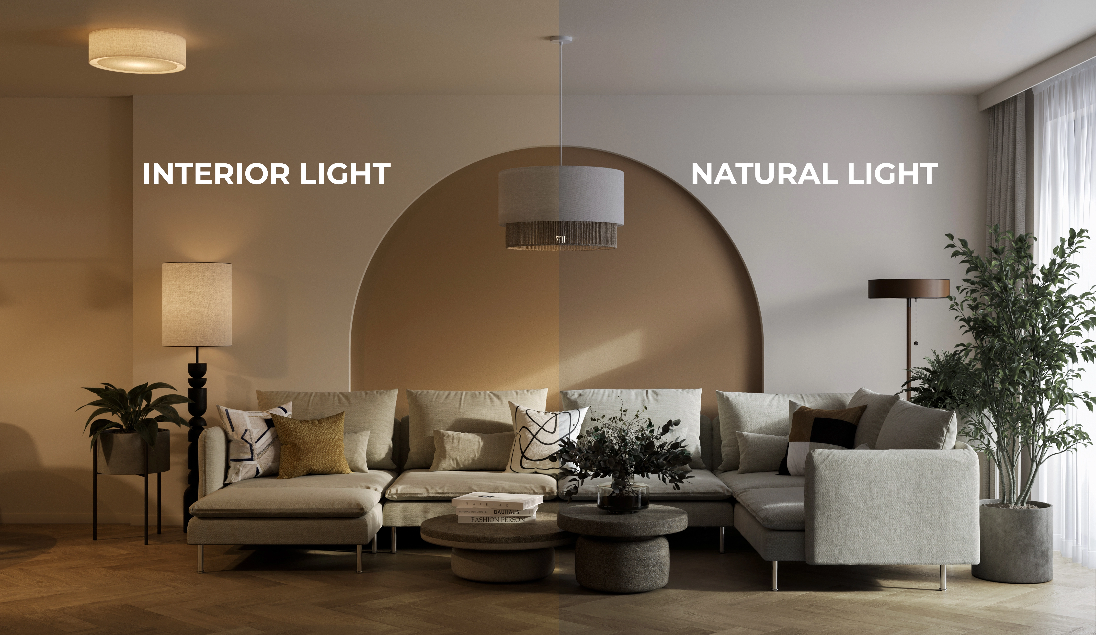Living room interior design by Lenea (Project Polaris) demonstrating how natural and interior lighting affect color perception