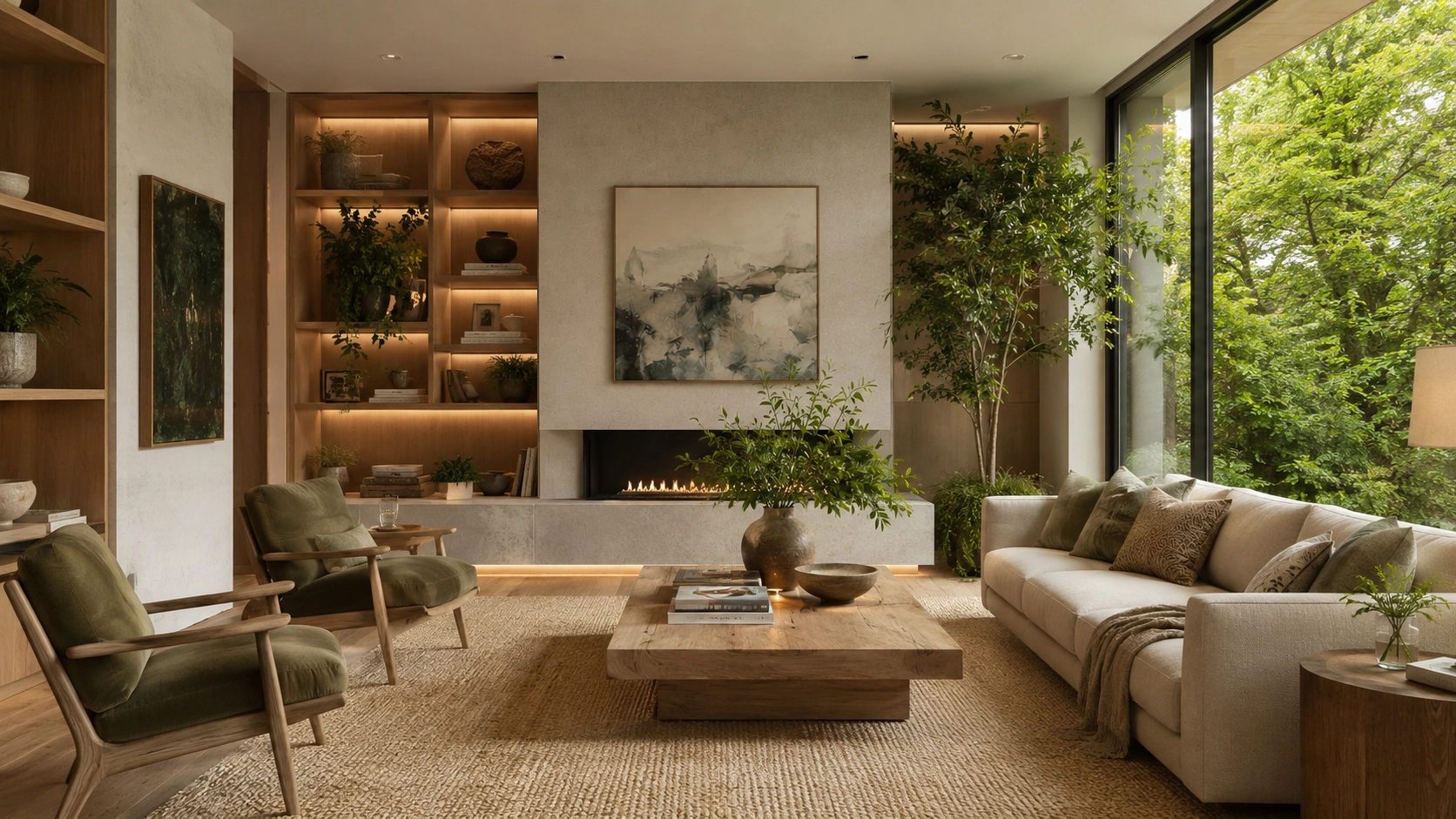 Calming biophilic interior design of a Living room by Lenea.