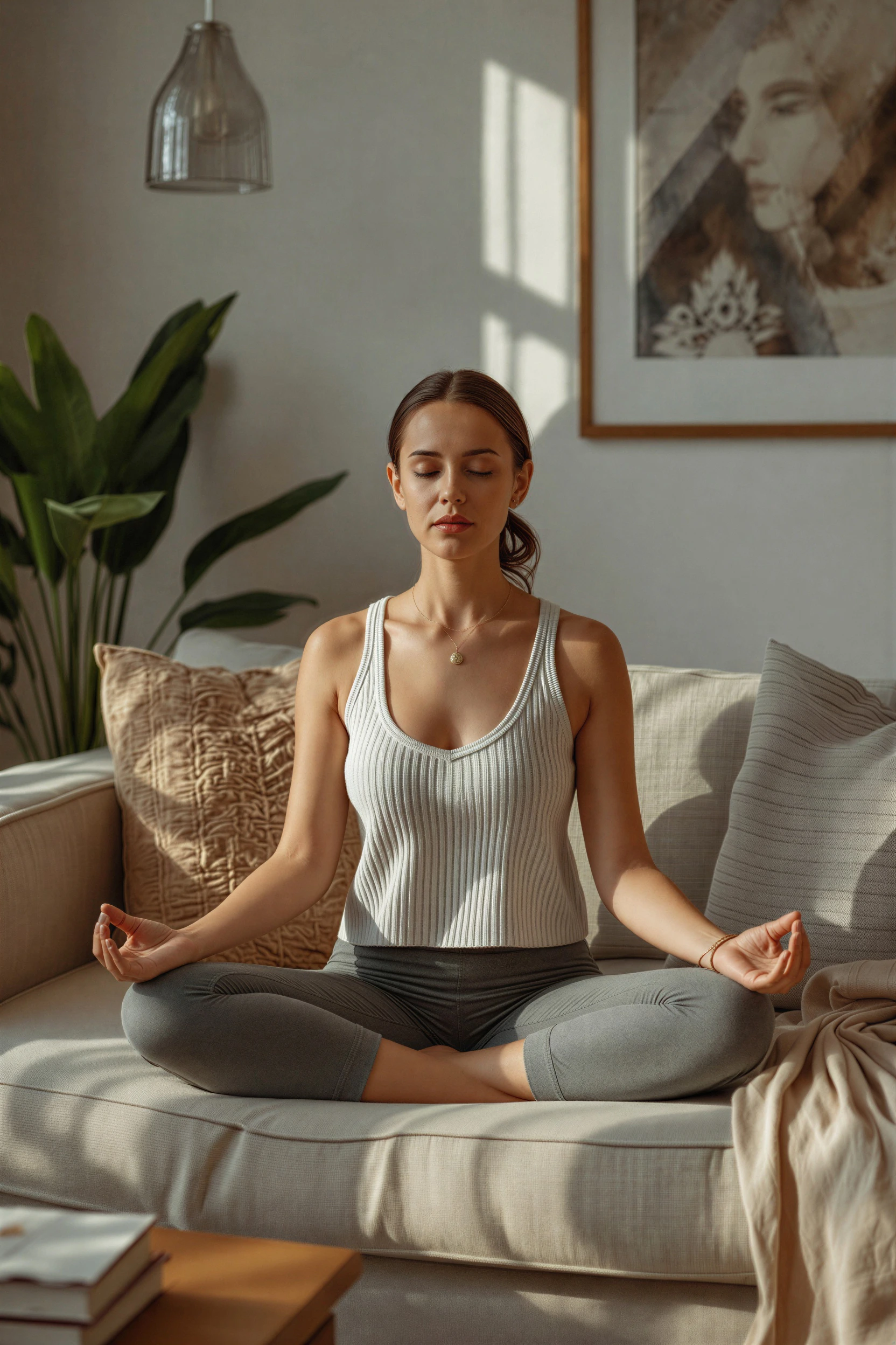 Woman meditating in a calming interior design living room