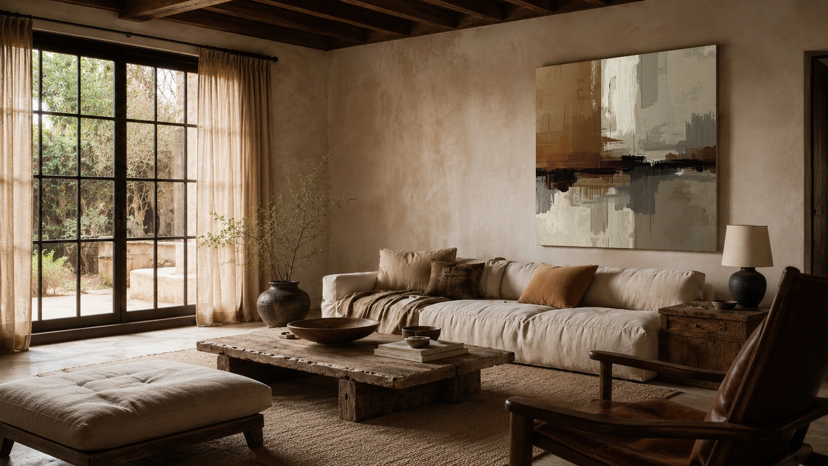 A calming wabi sabi interior design living room in beige colors and natural materials